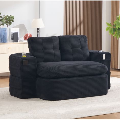 Sofá cama convertible de 2 plazas en cord, negro, 165 x 123 x 61 cm, con portavasos HAVRYA (1/5)