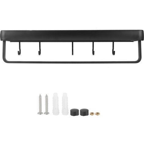 Estantería de pared multifuncional de 50 cm fabricada en aluminio de calidad aeronáutica con barra y 5 ganchos - estante de almacenamiento para cocina y baño (1 nivel, montaje con taladro) (1/5)