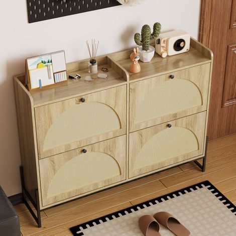Meuble à chaussures 118 x 25 x 91,5 cm, armoire de rangement, 4 abattants, façades tressées, panneaux de particules, bois naturel (1/5)