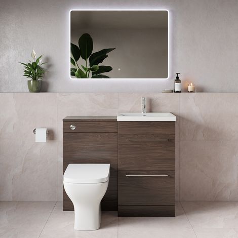Napoli 390 Brown Oak 1000mm 2 Drawer Vanity Unit Toilet Suite with Glide Basin - 1000mm - Chrome 320mm HandleWith Kingston Toilet Pan and Seat