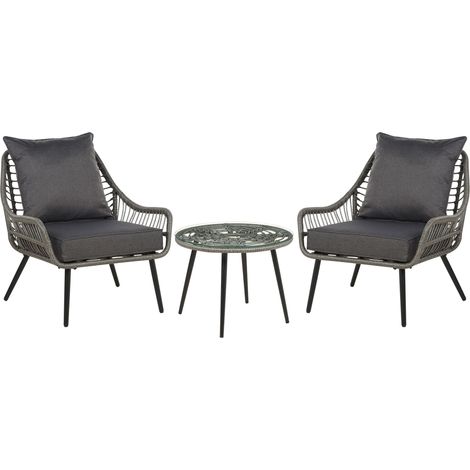 Set da Balcone con Tavolino e 2 Sedie in Finto Rattan Beige con Cuscini Laureto (1/5)