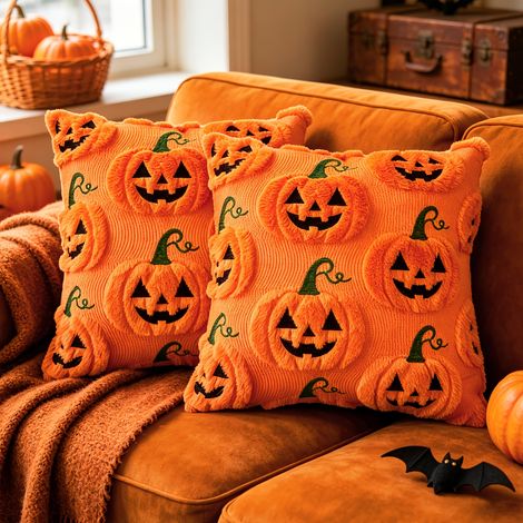 Lot de 2 taies d'oreiller citrouille souriante en peluche pour Halloween, 45 x 45 cm, décorations d'Halloween et de Thanksgiving (1/4)