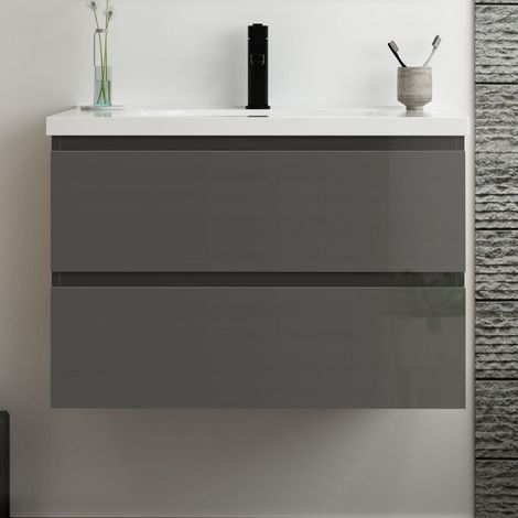 Ocean Meuble salle de bain 80cm anthracite brillant avec 2 tiroirs à fermeture automatique et simple lavabo céramique