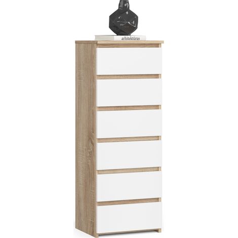 Akord – Commode enfant 6 tiroirs – Chêne sonoma et blanc – Dimensions 40x35x109 cm – Panneau stratifié – Assemblage facile