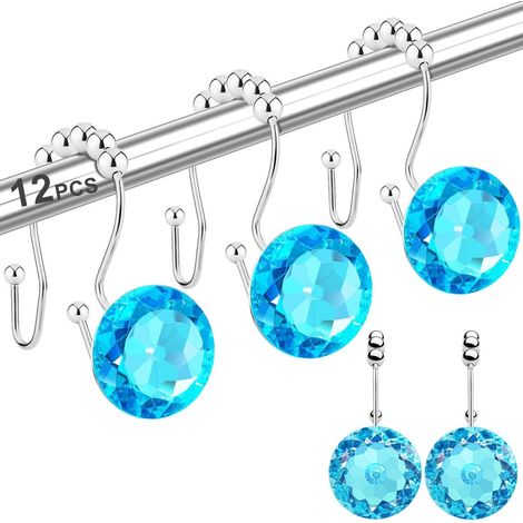 Lot de 12 anneaux et crochets pour rideau de douche, crochets doubles coulissants antirouille avec strass en cristal, pour tringles, rideaux et doublures. (1/5)