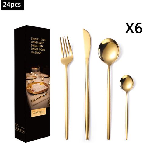 (Ensemble de 24 pièces - doré) Ensemble de couverts en acier inoxydable comprenant un couteau, une fourchette et une cuillère.