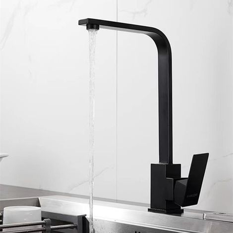 Mitigeur de cuisine Robinet de cuisine carré avec bec haut - Mitigeur pour évier de cuisine - Laiton (noir) (1/4)