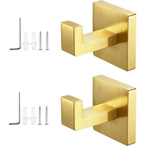 Lot de 2 Crochet Salle Bain à Percer, Patère Murale Or Brossé en Acier Inoxydable 304, Montage Caché avec Socle Carré et Outils d‘Installation, pour Bain, Cuisine, Bureau -'2 pièces or brossé