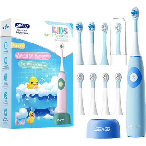 Brosse à dents électrique pour enfants de 5 à 8 ans, Brosse à dents électrique enfant avec station de charge, Sans BPA, Poignée antidérapante en silicone alimentaire, SG-2731 (Bleu) (1/5)