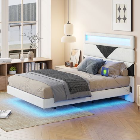 Letto 140x190 cm, LED, rete a doghe, tessuto in velluto, struttura letto flottante, letto per adulti, 140x190 cm, bianco sporco (1/5)