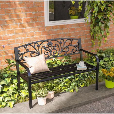 Zweisitzer Gartenbank 127x60x87 cm mit Rückenlehne und Armlehnen, pulverbeschichteter Stahl, schwarz (1/5)