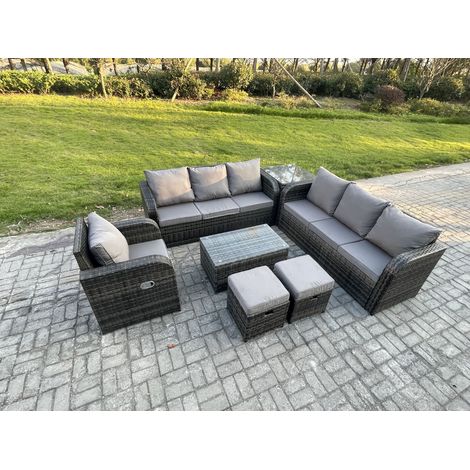 Fimous 9 places Ensemble de canapés en rotin avec Canapé 3 places Chaise inclinable Canapé 3 places Table d'appoint 2 Petits tabourets Gris foncé mixte (1/5)