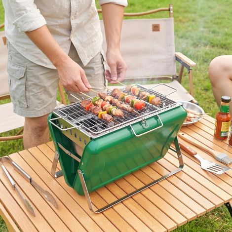 Barbecue au charbon bois pliable, barbecue portable, poignée et pieds repliables, pour jardin, terrasse, camping, vert (1/5)