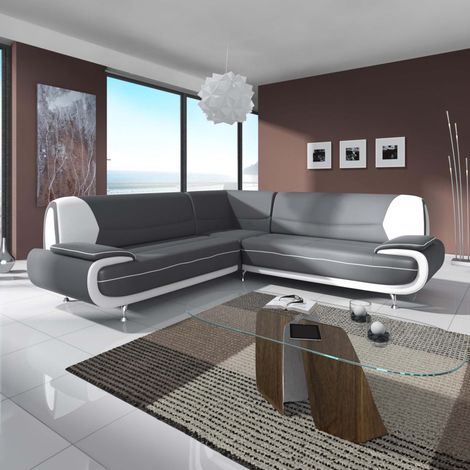 Mobilier Deco – Canapé d'angle 5 places en simili cuir gris et blanc – Pieds chromés – Design moderne pour salon contemporain (1/2)