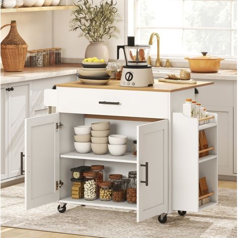 Isla de cocina 120/68/85 cm blanca con encimera abatible, cajón y ruedas (1/5)