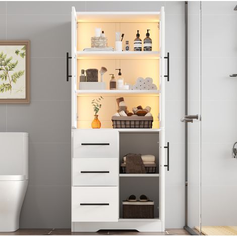 Armario de baño 72x35x170 cm blanco en MDF y vidrio con LED, puertas de cristal y 3 cajones