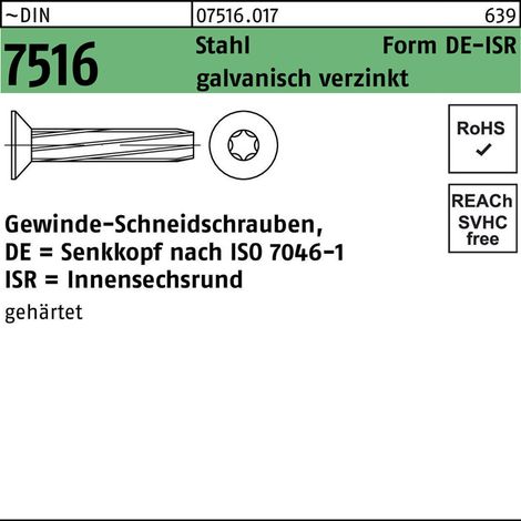 DIN 7516 Form DE Senkkopf-Gewindeschneidschraube VG M6x30 Stahl galvanisch verzinkt T30 500 Stk (1/2)