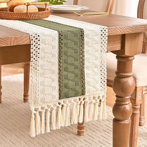 Tischläufer im Boho-Vintage-Stil, Makramee-Tischläufer aus Baumwoll-Leinen-Mischgewebe, Salbeigrün, zweifarbige Stickerei mit Quasten, für Dinnerpartys, Feiertage, Esszimmer, Kommode, 30 x 180 cm (1/5)