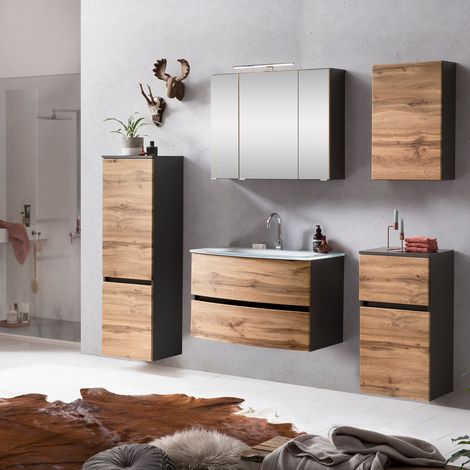 Badezimmer Badmöbel Set LAURIA-03 in Graphitgrau mit Wotaneiche Nb. inkl. Glasbecken weiß, LED-Aufbauleuchte, BxHxT: ca. 200x200x49 cm (1/5)