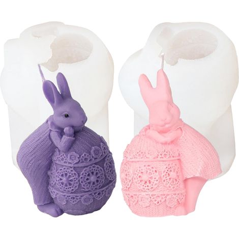 Lot de 2 moule lapin, silicone flexible, antiadhésif, moule résine, bougie savon, décoration Pâques (1/5)