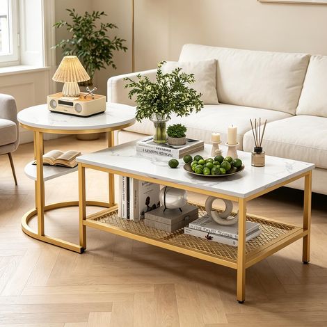 Tavolino – Set di tavolini – Stile nordico/industriale – Marmo bianco – Struttura dorata – Combinazione rotonda + rettangolare
Tavolino (1/5)