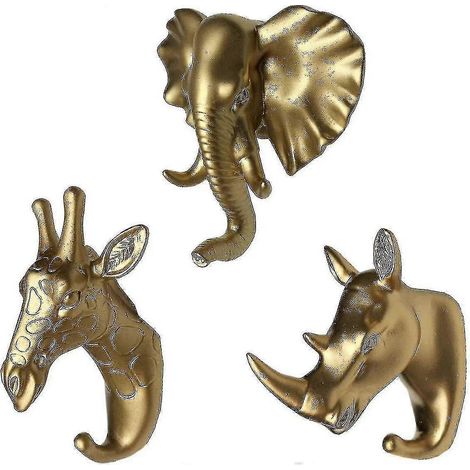 Lot de 3 crochets muraux en forme de tête de girafe et de rhinocéros (dorés) Battqx (1/5)