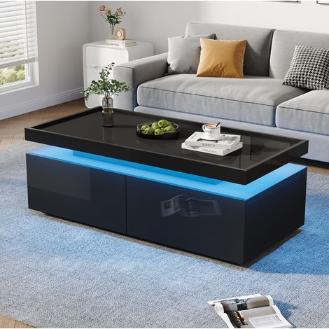 Mesa de centro de aglomerado negro brillo 95 x 45 x 35 cm con LED, 2 cajones y estante abierto (1/5)