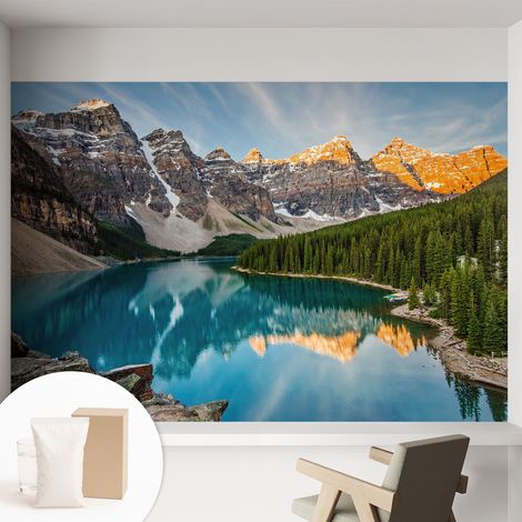 Papier peint intissé mural avec colle pour salon et chambre Décoration murale rapide - Colle incluse gratuite Reflet de montagne 152x104 cm (1/5)
