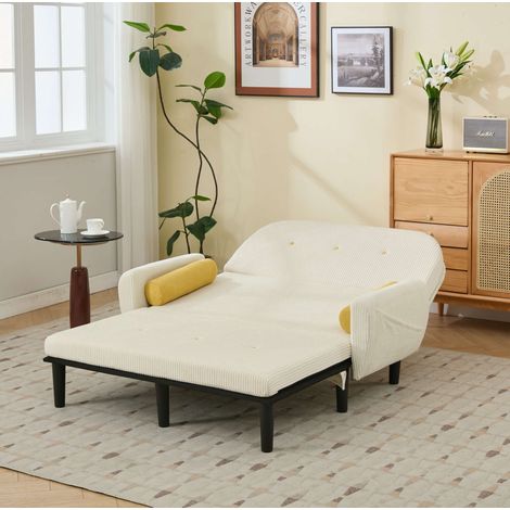 Sofa aus Cord, Schaumstoff und Metall in Elfenbein, multifunktional mit verstellbarer Rückenlehne und 2 Rundkissen (1/5)