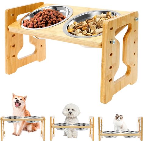 1 Support surélevé pour chien, Bois, 2 Gamelles acier inoxydable, 5 hauteurs réglables, Pour chats et chiens