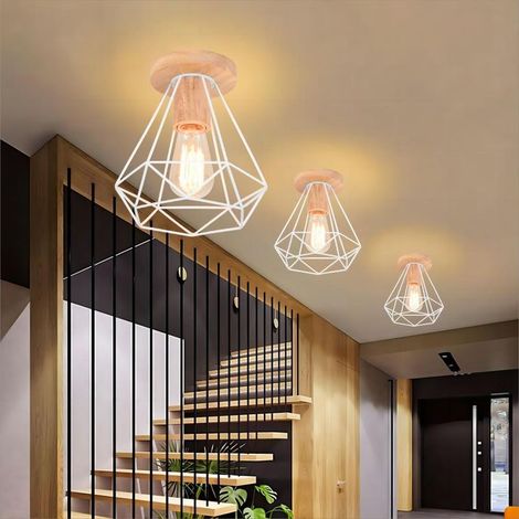Rétro Diamant Plafonnier Industrielle Cage en Métal et Bois E27 40W Blanc 3PCS (1/5)