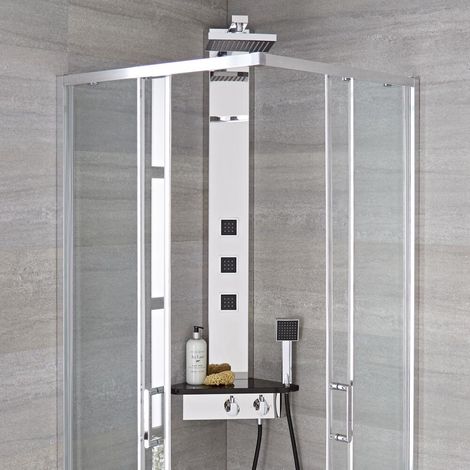 Hudson Reed – Colonne de douche d'angle thermostatique chromé et noir – 132,5cm hauteur – 3 buses hydromassantes – Technologie anti-brûlures (1/5)