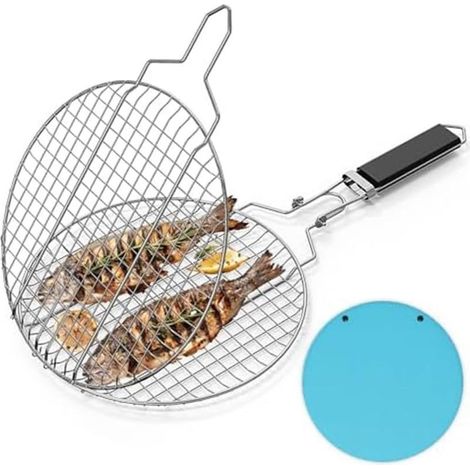 Runder, zusammenklappbarer Grillrost aus Edelstahl mit abnehmbarem Griff zum Grillen von Gemüse, Fisch, Garnelen und zum Kochen im Freien