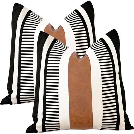 Juego de 2 fundas de cojín decorativas a rayas estilo rústico en piel sintética blanca y negra, para sofá, sillón o dormitorio. (1/5)