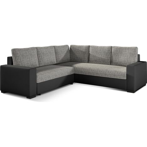 Canapé d'angle convertible simili noir et tissu gris clair chiné Travor 235cm (1/5)
