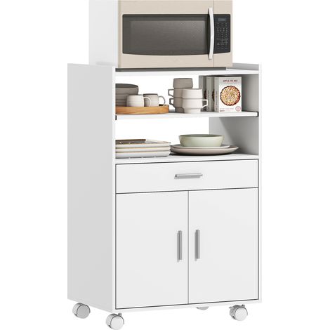 Chariot de cuisine à roulettes, chariot pour micro-ondes avec tiroir et étagères, 59 x 40 x 92 cm, blanc