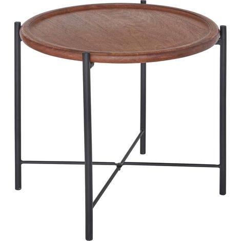 Table café ronde table d'appoint en bois de manguier et pieds en acier - Diamètre 50,5 x Hauteur 45,5 cm