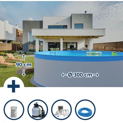 Stahlwandpool Set (6-teilig) rund 300 x 90 cm, Stahl 0,3 mm weiß Folie 0,2 mm blau (1/5)