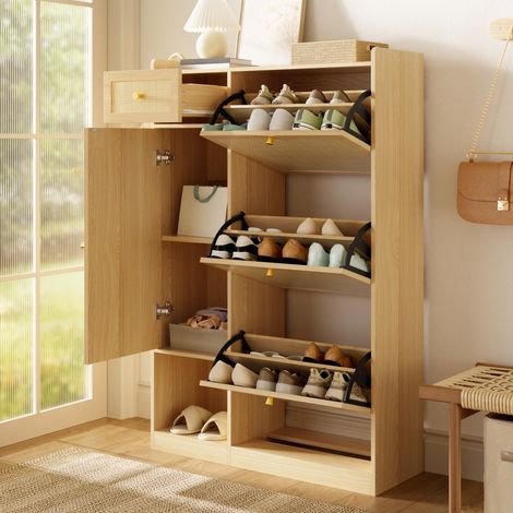 Meuble à chaussures en rotin, 3 volets, 1 tiroir et 1 porte, rangement polyvalent pour entrée, salon et petits espaces, 80,5 x 25 x 125 cm (1/5)