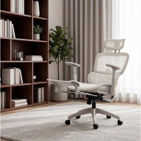 Sedia da ufficio ergonomica in mesh con poggiatesta regolabile, braccioli 3D, poggiapiedi, beige (1/5)