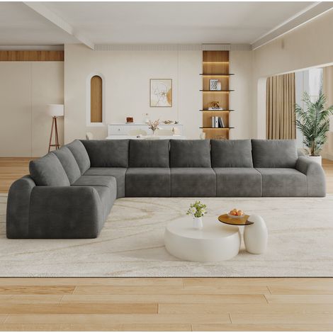 Canapé d'angle compressé 7 places en tissu chenille gris, mousse haute élasticité, sans montage, pour salon, 401×267 cm (1/5)
