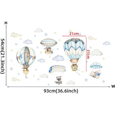 BRAVIX Un lot de Stickers muraux enfants-Decoration pour chambre de bébé motif Animaux montgolfières nuages- Autocollant mural