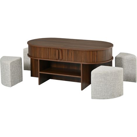 Ovaler Couchtisch mit Stauraum aus MDF und Spanplatte mit Stoffhockern, Nussbaum-Finish (1/5)