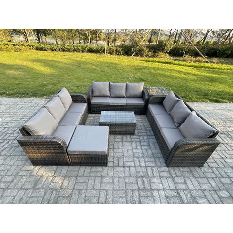 Fimous Rattan Lounge Sofa Set 10-Sitzer Gartenmöbel-Set mit Rechteckiger Couchtisch 3-Sitzer Sofa 2 Großer Hockern Beistelltisch Dunkelgrau Gemischt