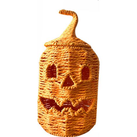 Jaula de calabaza tejida en mimbre con tapa en forma de sombrero de bruja, para portavelas LED extraíbles con cara de calabaza tallada, ideal (1/5)