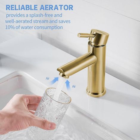Robinet de lavabo à poignée unique, finition or brossé, robinet monotrou, robinet de lavabo en acier inoxydable (sans bonde). (1/4)