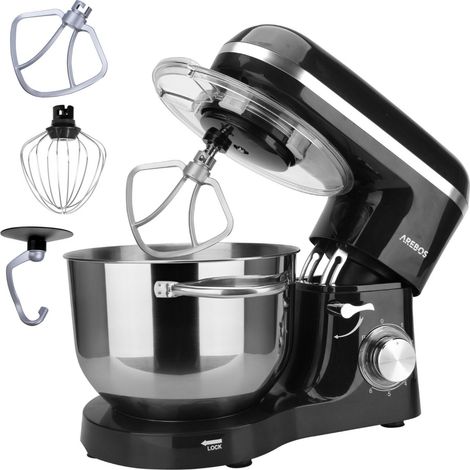 AREBOS Stand Mixer 1500 W with 6 L stainless steel mixing bowl, incl. whisk, dough hook, flat beater and splash guard, 6 speed settings and pulse function (1/5)