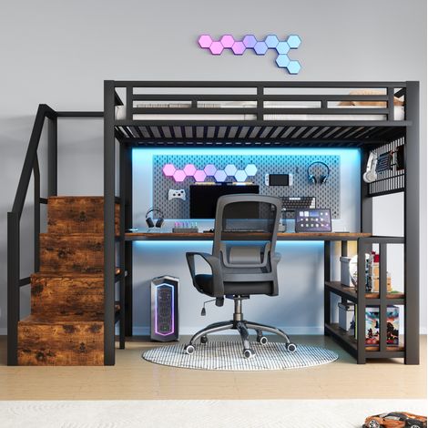 Lit mezzanine 140x200 cm en métal noir avec bureau et LED