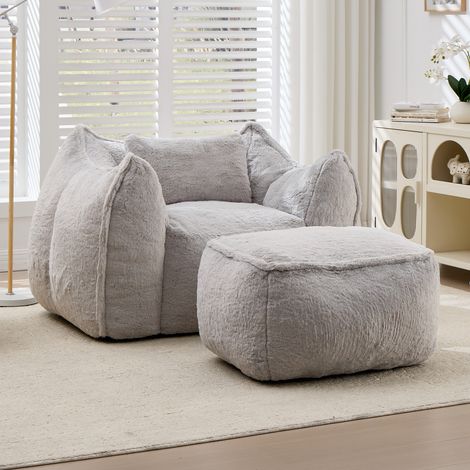 Dewalt –Giant Bean Bag Chair for Adults &Kids Faux Fur Bean Bag Sofa Chairs with Pillow &Ottoman, Comfy Reading & Gaming Beanbag Couch for Bedroom Living Room, Grey (1/5)