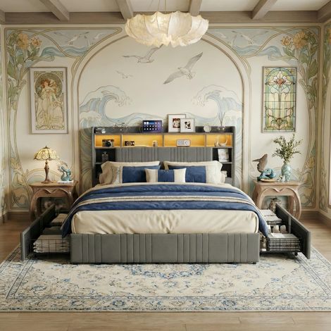 Cama doble 140x200 cm con 4 cajones de almacenamiento - Canapé de láminas de madera, LED Integrado y Puertos USB - Lino, Gris